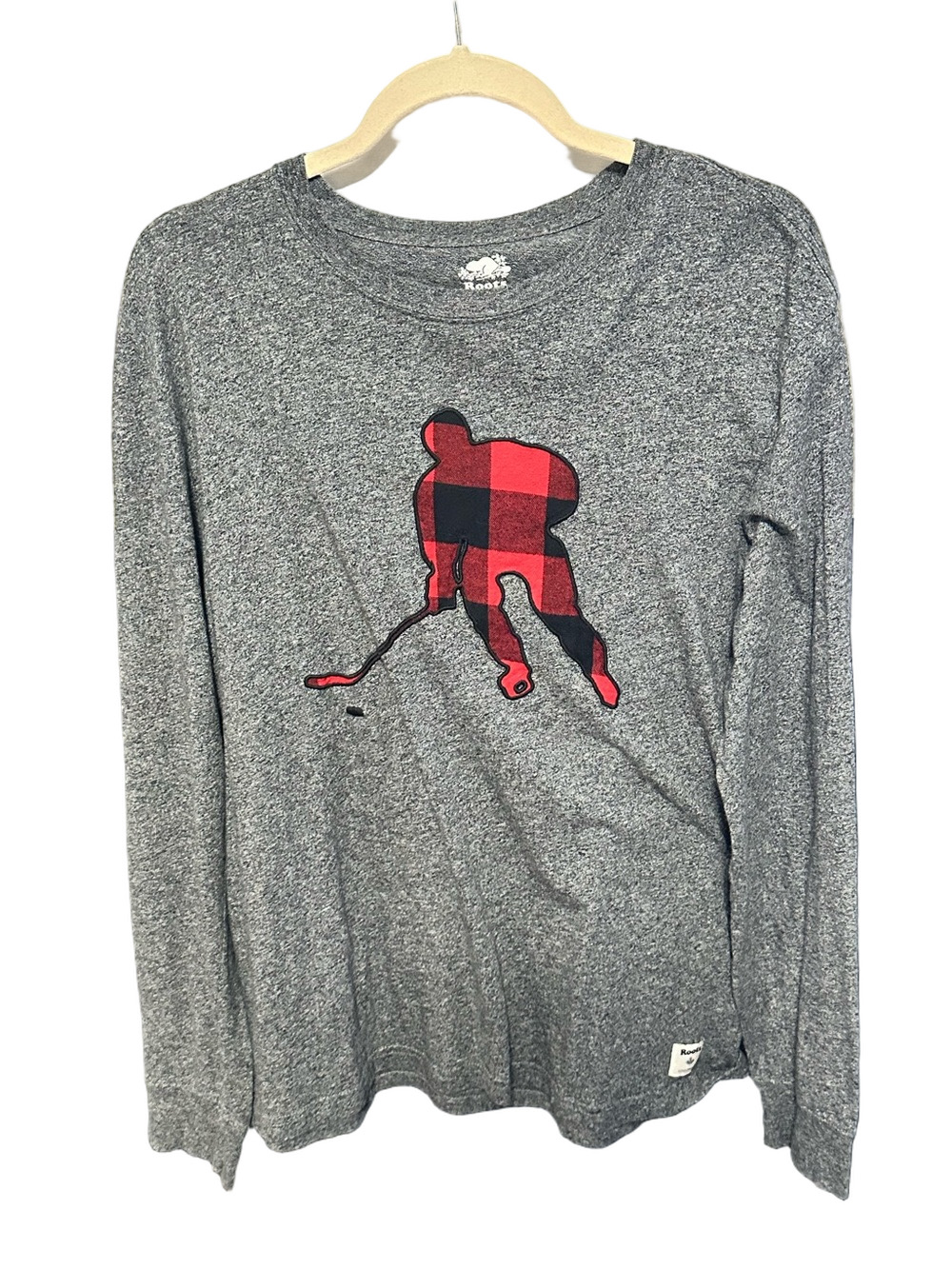 Roots Grey Buffalo Plaid Hockey Player Long Sleeve Shirt Size M